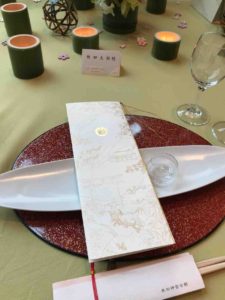 熱田神宮の大結婚展で展示されていたテーブルコーディネート、メニューなど。